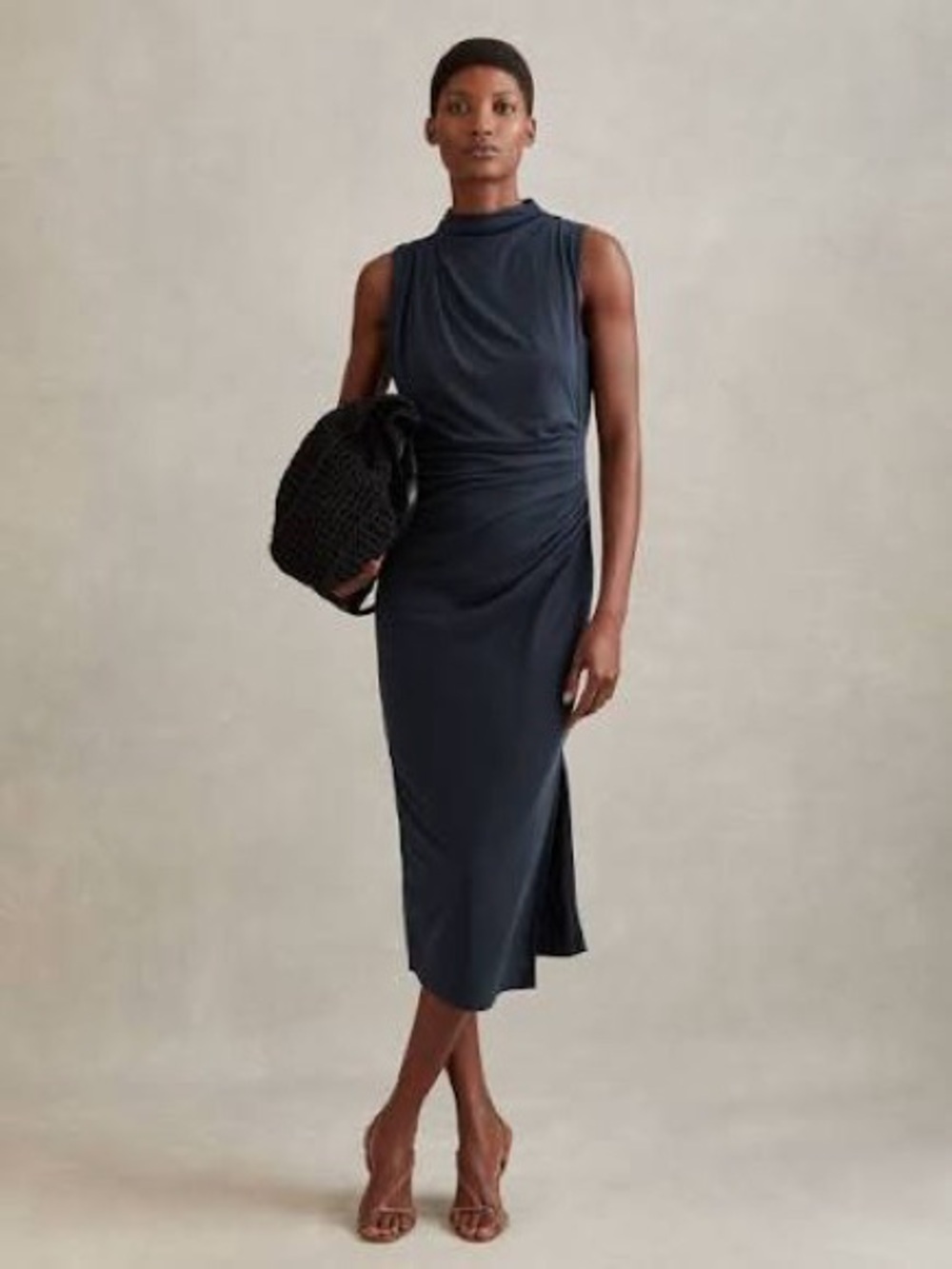 Reiss Sleeveless Mock Neck Midi Dress in Navy